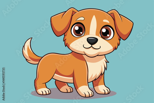 A cartoon puppy stands on a light blue background with an adorable expression. Its big eyes and cheerful stance convey a sense of playfulness and friendliness.
