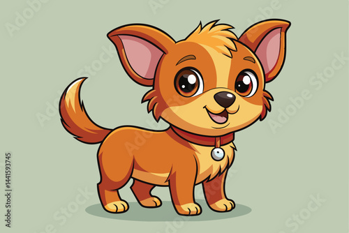 This charming cartoon Chihuahua stands happily, featuring bright eyes and a playful demeanor. Its fluffy fur and collar add to its delightful character, making it truly lovable.