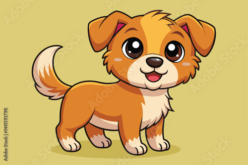 A cheerful cartoon dog with orange and white fur stands playfully, showcasing its bright eyes and wagging tail against a yellow backdrop.