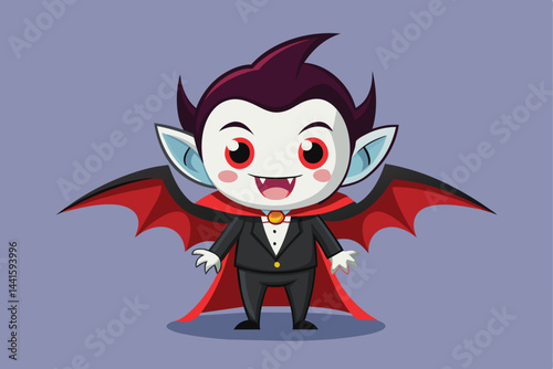 This cartoon character with pointed ears and sharp fangs wears a black tuxedo and red cape, exuding a playful and friendly vibe against a solid purple backdrop.