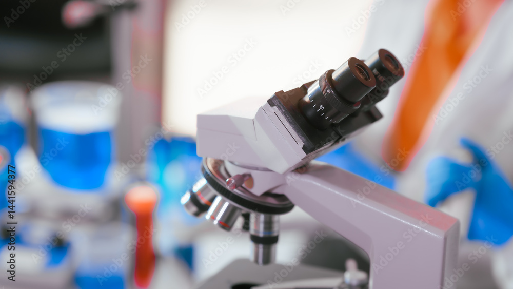 Two Asian female scientists wearing laboratory gloves sit at a table, carefully examining a test tube filled with blue liquid, using a microscope for detailed analysis in a research laboratory