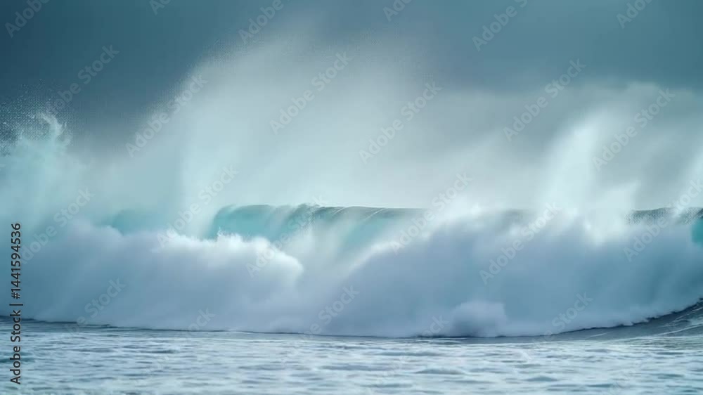Powerful ocean waves crashing under a stormy sky, showcasing raw nature's force