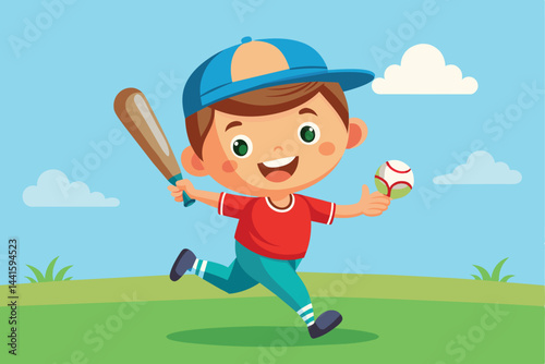 A young boy joyfully runs across a green field, holding a baseball in one hand and a bat in the other, showcasing excitement for playing the game.