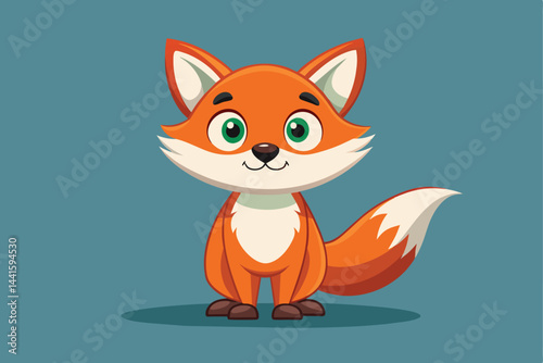 The cheerful cartoon fox character has bright green eyes and an orange coat, standing on all fours with a playful and friendly expression against a blue backdrop.