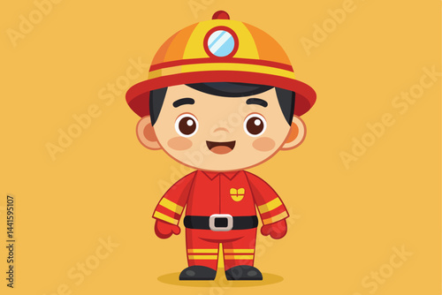 A young firefighter appears joyful in a bright red uniform and matching helmet, symbolizing courage and community service, perfect for educational purposes.