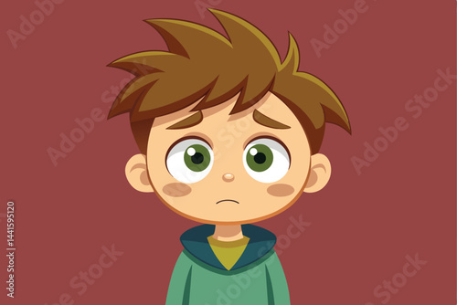 A young boy looks troubled, with big expressive eyes and tousled hair, wearing a green hoodie. His facial expression conveys a sense of worry and innocence.