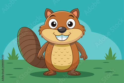 A cartoon-style squirrel is happily standing with a bright smile in a grassy area. It has big eyes and a bushy tail, enjoying a sunny day outdoors.
