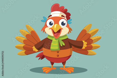 A vibrant cartoon turkey stands with its wings wide open, sporting a cozy scarf and a jacket, ready to celebrate the joy of autumn and festive seasons with a smile.