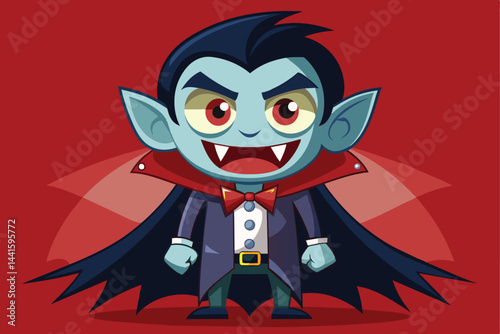 This charming cartoon vampire stands confidently with a playful grin, showcasing prominent fangs and distinctive features, dressed in a classic vampire outfit against a bold red backdrop.
