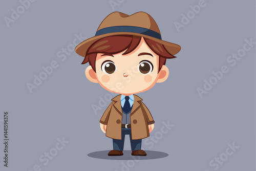 A young detective character dressed in a brown trench coat and hat poses with a confident expression, set against a simple grey backdrop, in a playful cartoon style.