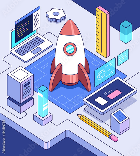 A conceptual flat lay illustration of a rocket, computer, gear and blueprint suggesting technology, innovation and startup.