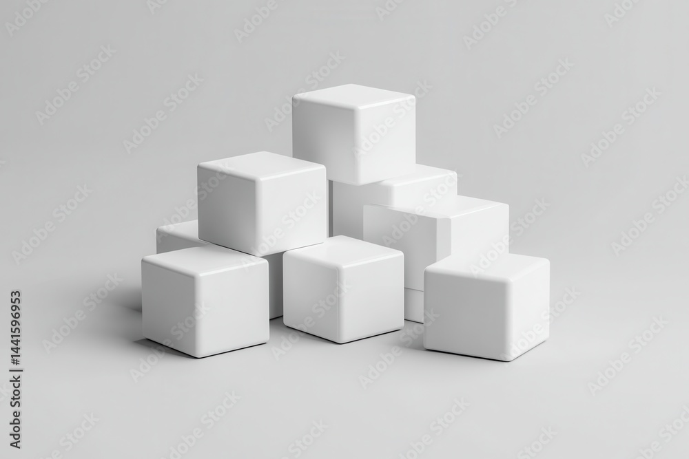A minimalist arrangement of several white cubes stacked on top of each other on a gray surface A minimalist arrangement of several white cubes stacked on top of each other on a gray surface