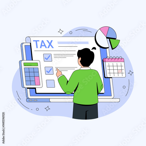 An illustrative depiction of tax filing, a man engaged in the intricate process, meticulously reviews the details on a computer screen. Alongside the screen, a calendar sits.