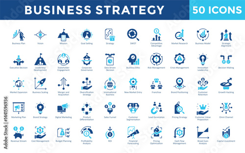 Business Strategy icons set with market positioning, industry benchmarking, competitive intelligence, unique selling proposition, blue ocean strategy, five forces porter icon. Simple flat vector 
