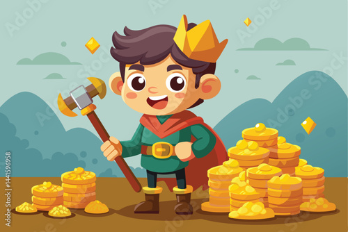 A young, animated king wearing a crown and green attire joyfully poses next to large stacks of shining gold coins, set against a whimsical backdrop.