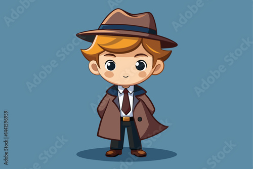 This character features a friendly detective with a stylish brown coat, hat, and tie, exuding a playful mystery while standing with a relaxed pose.
