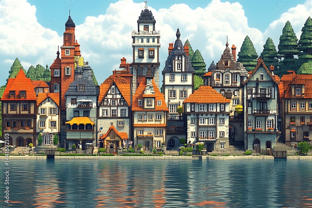 Fototapeta premium A picturesque digital rendering of a quaint waterfront town.