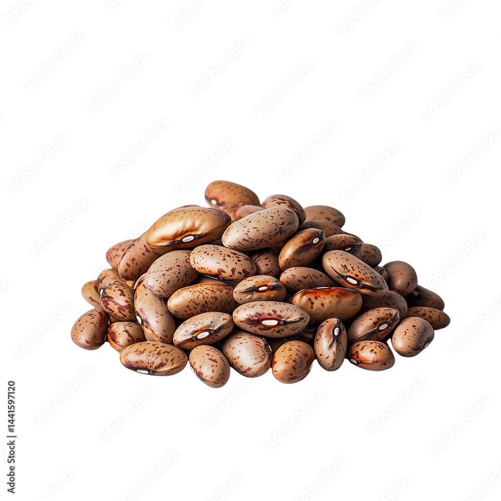 A close-up view of a pile of assorted Mayocoba beans with unique patterns and textures, isolated on white background and transparent background