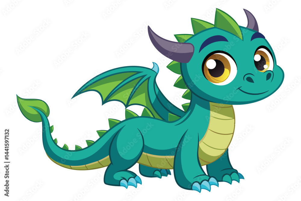 Fototapeta premium A friendly green dragon character is depicted with large expressive eyes and prominent wings, adding charm and whimsy suitable for children's books or animations.