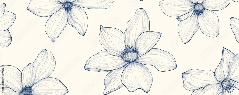 Fototapeta premium Delicate floral pattern of white flowers in soft lines.