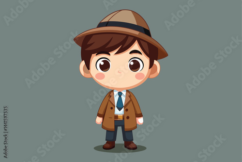 A cheerful young detective character with a brown trench coat and hat stands confidently, exuding charm and curiosity while ready for an exciting investigation.
