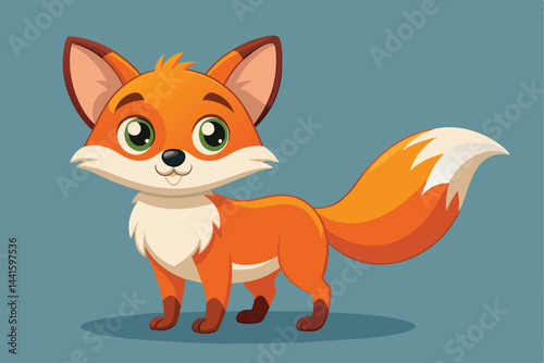 A cheerful cartoon fox stands against a blue background, showcasing its vibrant orange fur and expressive green eyes, embodying a playful and friendly character.