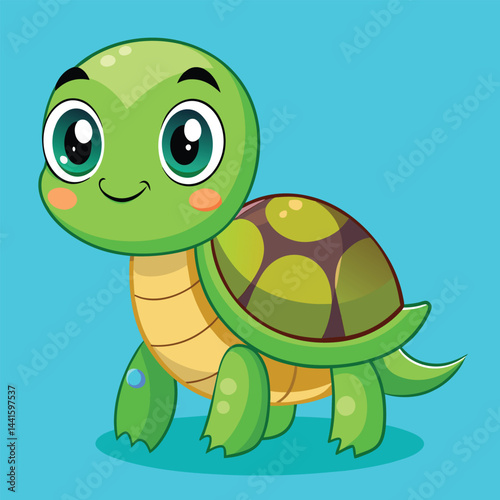 A cheerful cartoon turtle stands with a friendly smile, showcasing large eyes and a colorful shell, ideal for captivating children's attention and educational content.
