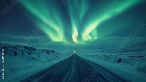 Dramatic aurora borealis over a snowy road