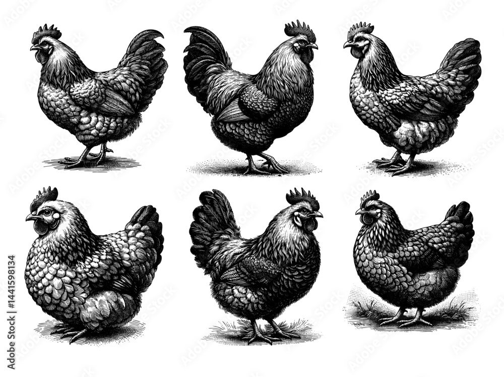 Fototapeta premium Set of vintage black and white ink illustrations of chickens, including hens, roosters, and chicks, isolated on white background in rustic countryside sketch style.