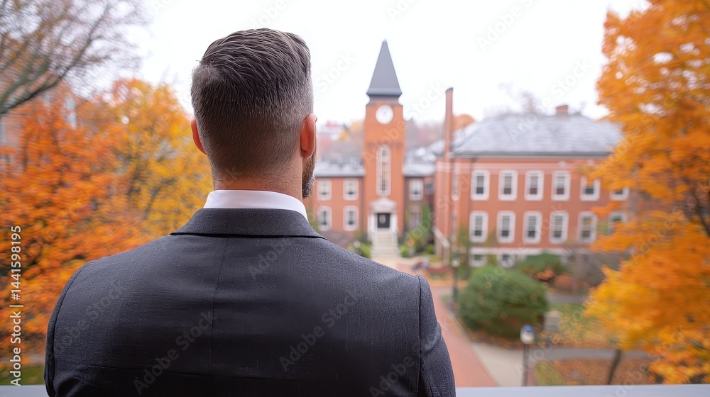 Stylish Cinematic Shot of Graduate in Suit Walking Toward University Campus with Autumn Foliage