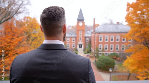 Obraz na płótnie Stylish Cinematic Shot of Graduate in Suit Walking Toward University Campus with Autumn Foliage w salonie