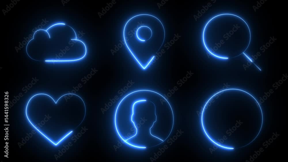 Neon bundle animation six neon-style UI icons with a glowing effect, colored in red and blue against a black background. Neon bundle animation six neon-style UI icons with a glowing effect, colored in red and blue against a black background.