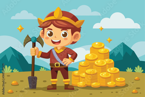 A joyful character holds a shovel and ax while smiling next to a large stack of gold coins on a sunny day in a colorful outdoor setting.