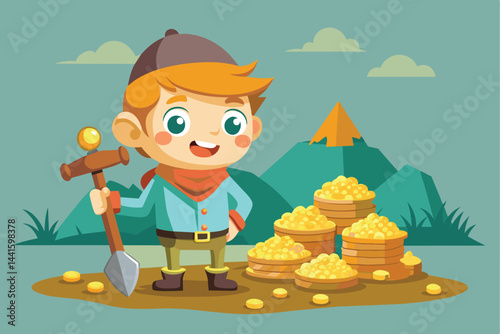 The young miner, equipped with a shovel and dressed in colorful clothes, smiles joyfully as he poses next to mounds of shiny gold coins amidst a playful landscape.