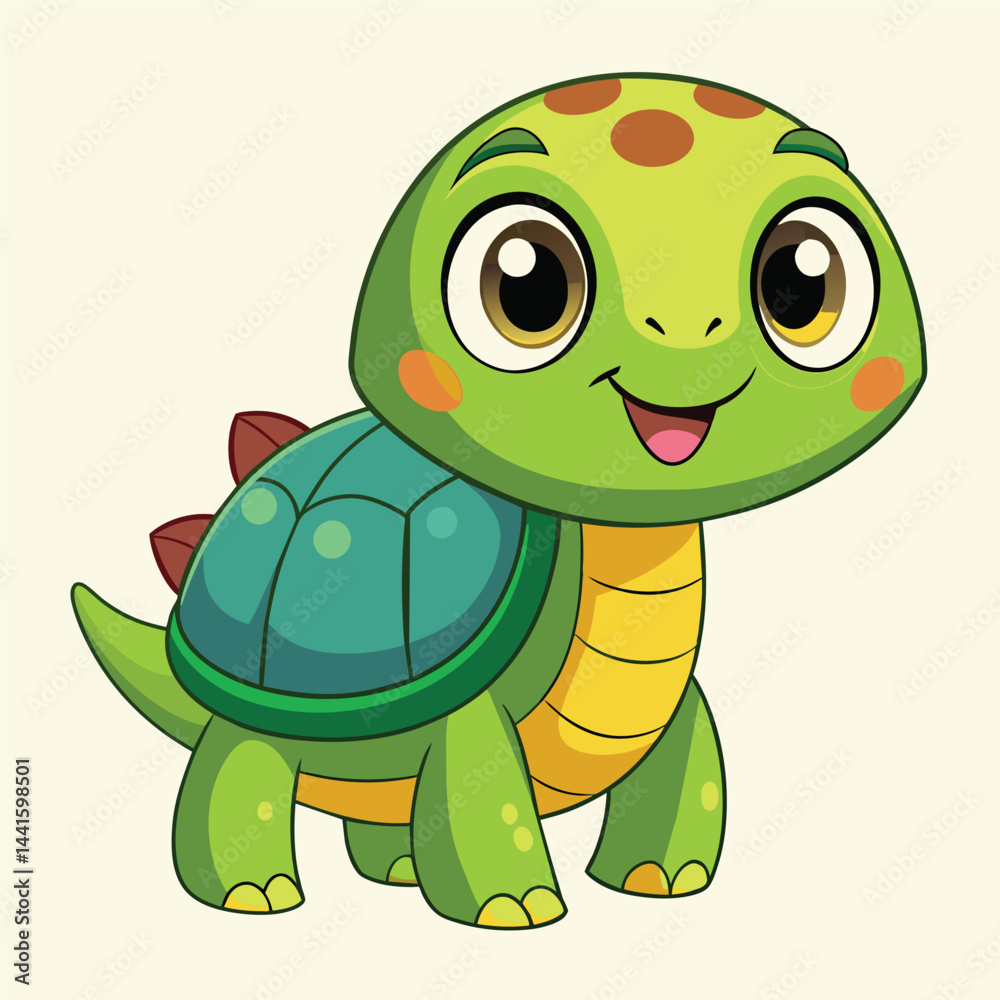 Fototapeta premium A cheerful green turtle character features large, expressive eyes and a bright smile, embodying a fun and playful personality in a light-colored setting.