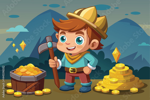 A young cartoon miner with brown hair and bright blue eyes holds a pickaxe, smiling proudly as he stands beside mounds of gold coins and a wooden treasure chest surrounded by mountains.