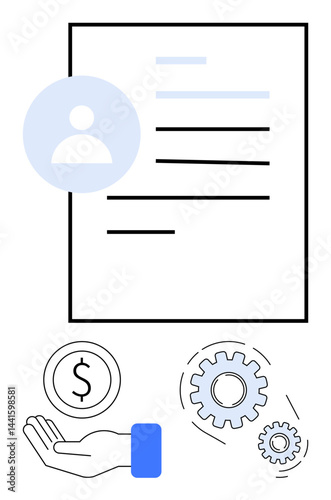 Resume layout with profile icon, gears for operation, dollar sign in hand representing human resources, job application, salary, HR management, career planning, process workflow, simple landing page