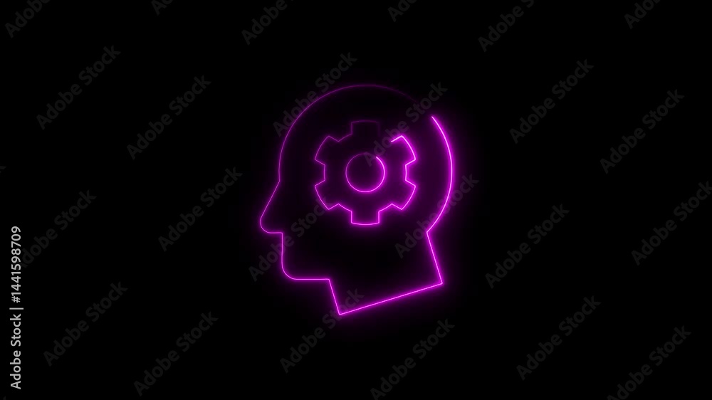 Neon head with gear rotating symbolizing thinking processing and artificial intelligence Neon head with gear rotating symbolizing thinking processing and artificial intelligence