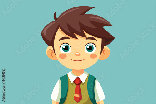 A smiling boy with bright blue eyes and tousled brown hair stands confidently in a green vest and a tie, suggesting a school setting.