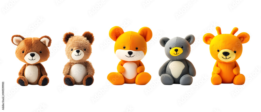 Fototapeta premium Five cute small teddy bear and fox plush toys are lined up for children's product advertising set against a clean transparent background.