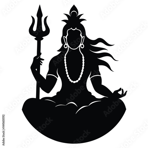 Lord Shiva Silhouette Meditating With Trishul Hindu God Isolated Illustration Vector Art.