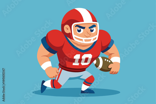 A cartoon-style athlete wearing a red football uniform charges forward with determination, gripping a football tightly as he prepares for action on the field.