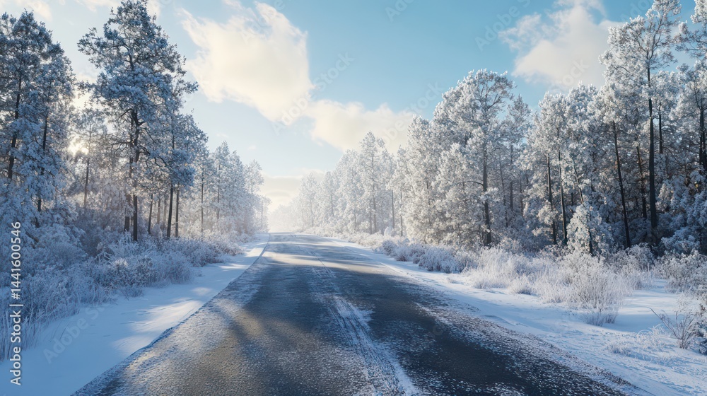 Fototapeta premium Snowy forest path winter landscape