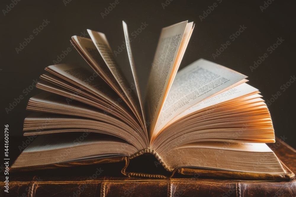 Obraz premium Open vintage book with fanned pages glowing in warm light — knowledge, wisdom and timeless literature concept for education, storytelling and intellectual design