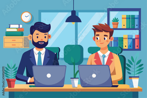 Two professionals, one with a beard and the other in a blazer, are engaged in a productive meeting at a well-lit office, focusing on their laptops.