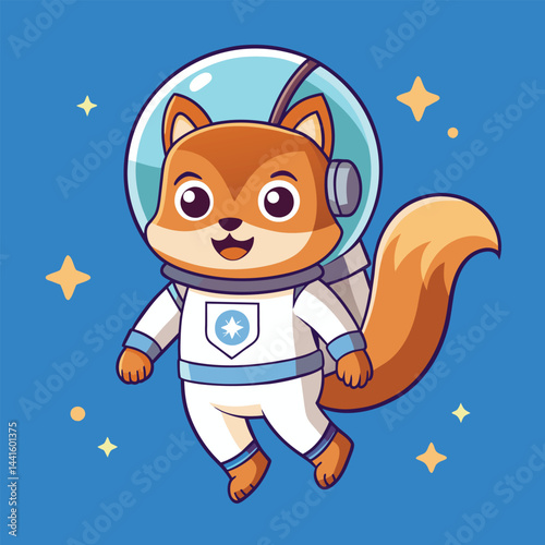 A cartoon fox in a white spacesuit joyfully floats in outer space. Its bright blue helmet reflects shimmering stars in the vibrant background, illustrating a sense of exploration.