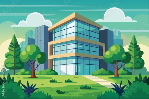A contemporary glass structure is set amidst lush greenery, surrounded by trees and shrubs, displaying a bright and inviting atmosphere in an urban environment.