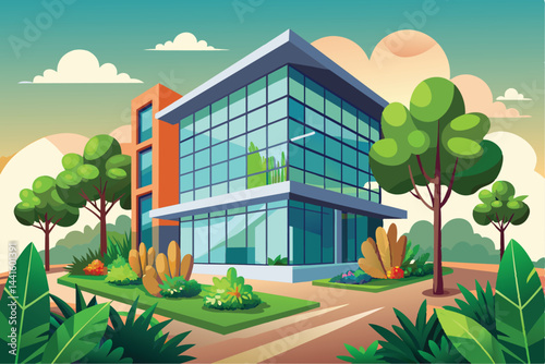 A contemporary office building with large glass windows is nestled among vibrant greenery and colorful plants in a sunny outdoor setting.