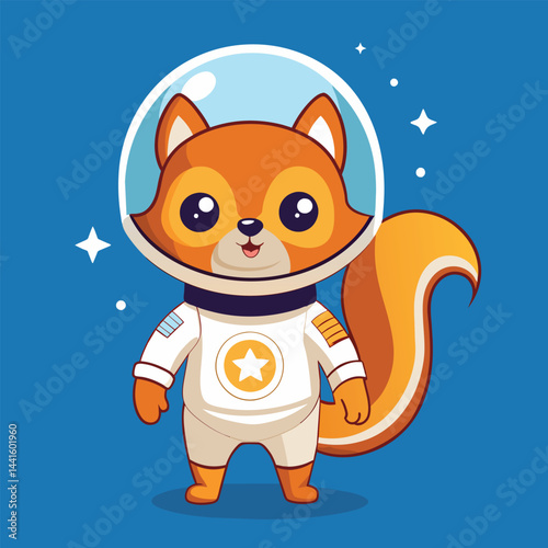 A cheerful cartoon fox dressed in a space suit stands confidently, gazing upwards with a sense of wonder as it explores a bright and colorful cosmic environment.