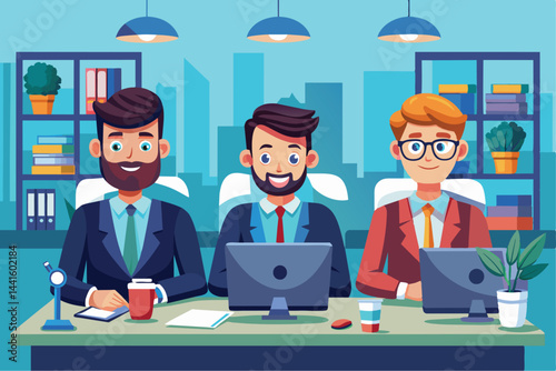 Three men dressed in suits sit at a desk in a vibrant office, working on laptops and sharing smiles, showcasing teamwork and a positive work atmosphere.